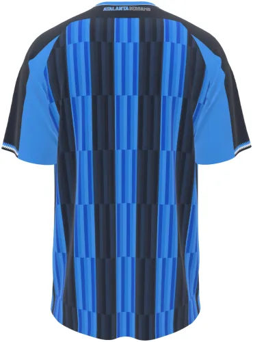 Camisa titular da Atalanta 2026 - 2027 com listras azuis e pretas em blocos, frente e costas
