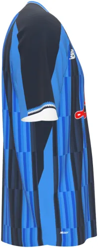 Camisa titular da Atalanta 2026 - 2027 com listras azuis e pretas em blocos, frente e costas