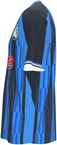 Camisa titular da Atalanta 2026 - 2027 com listras azuis e pretas em blocos, frente e costas