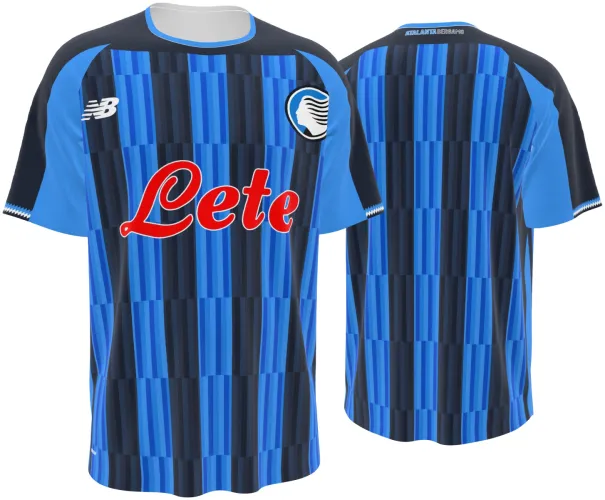 Camisa titular da Atalanta 2026 - 2027 com listras azuis e pretas em blocos, frente e costas
