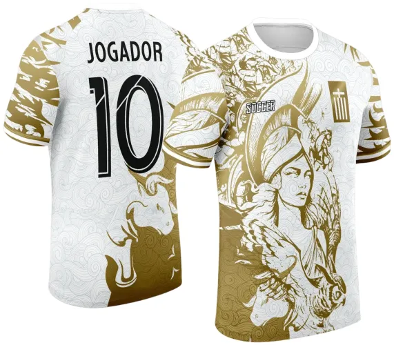 Camisa branca com detalhes dourados na frente e costas, mostrando Atena com capacete e águia, texto SOCCER, escudo dourado, costas com número 10 preto, texto JOGADOR e figura de touro dourado.