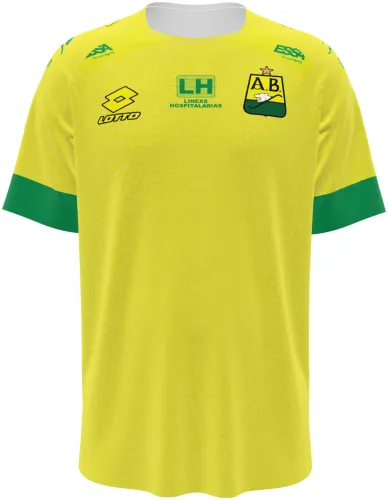 Camisa titular amarela e verde do Atlético Bucaramanga, mockup de frente e costas