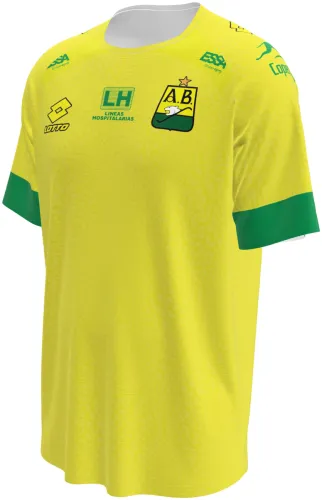 Camisa titular amarela e verde do Atlético Bucaramanga, mockup de frente e costas