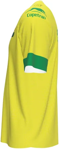 Camisa titular amarela e verde do Atlético Bucaramanga, mockup de frente e costas