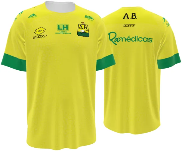 Camisa titular amarela e verde do Atlético Bucaramanga, mockup de frente e costas
