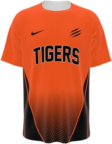 Camisa de basquete Tigres laranja e preto com mangas raglan, frente e costas, mockup fundo branco