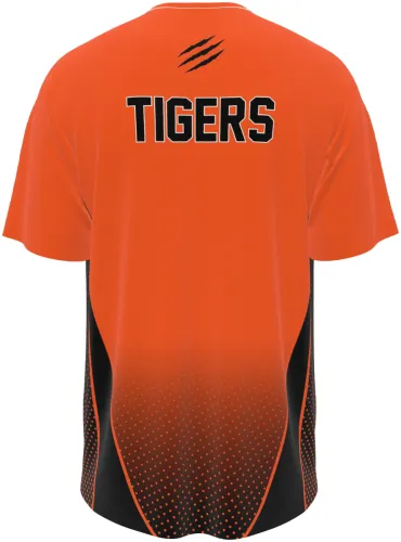 Camisa de basquete Tigres laranja e preto com mangas raglan, frente e costas, mockup fundo branco