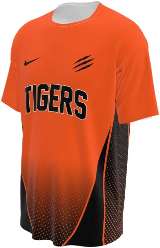 Camisa de basquete Tigres laranja e preto com mangas raglan, frente e costas, mockup fundo branco
