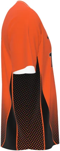 Camisa de basquete Tigres laranja e preto com mangas raglan, frente e costas, mockup fundo branco