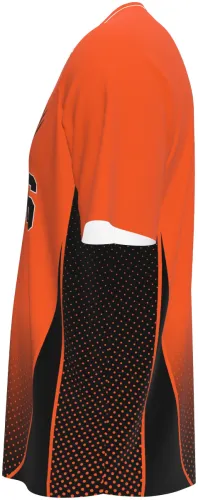 Camisa de basquete Tigres laranja e preto com mangas raglan, frente e costas, mockup fundo branco
