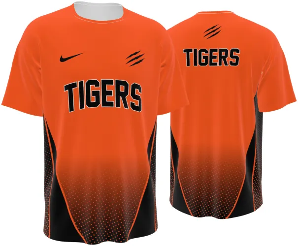 Camisa de basquete Tigres laranja e preto com mangas raglan, frente e costas, mockup fundo branco