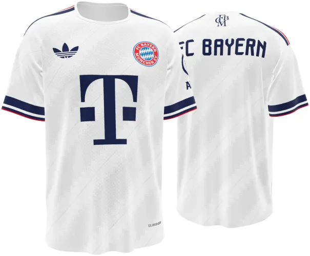Camisa visitante do Bayern de Munique 2026 - 2027 branca com losangos tom sobre tom, frente e costas