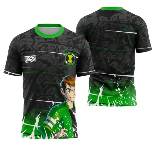 Camisa com colarinho verde, frente com personagem Ben 10 à direita, fundo preto com detalhes em verde e branco, símbolo do Omnitrix e logo '2G Zaugrafic'. Costas com padrão preto, detalhes em verde degradê e respingos brancos.