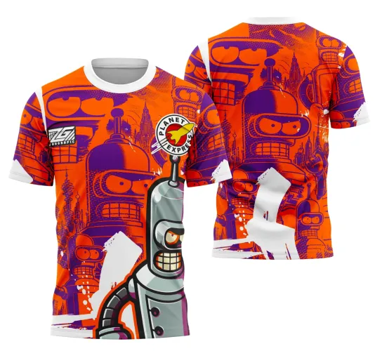 Camisa com frente mostrando Bender em prata com expressão séria, fundo laranja e roxo com várias faces de Bender, patch escrito PLANET EXPRESS. Costas com maior rosto do Bender em roxo sobre fundo laranja e detalhes urbanos, acompanhado de faixas brancas.