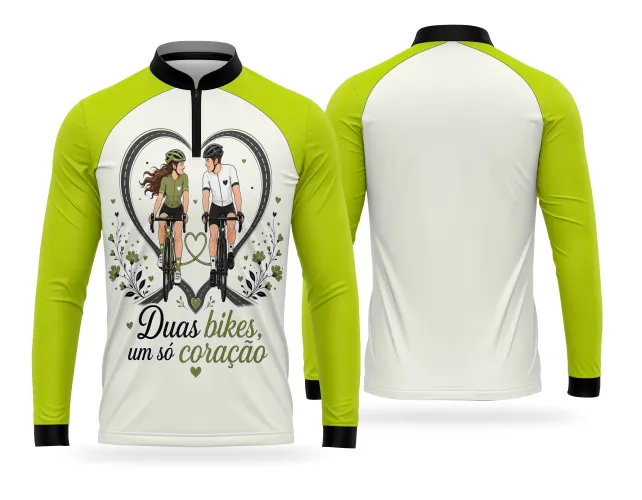Estampa para camisa de bike com casal ciclista e frase duas bikes um só coração