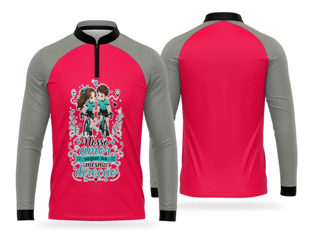 Camisa de bike com estampa de casal pedalando com amor e elementos delicados