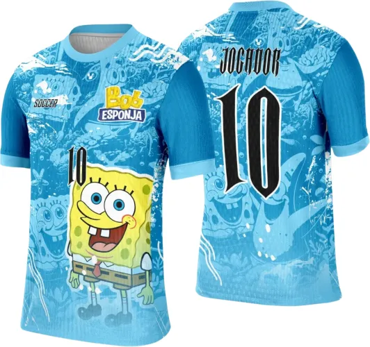Camisa azul com Bob Esponja grande na frente, número 10 em preto destacado na frente e costas, fundo submarino com bolhas e ondas, texto 'Bob ESPONJA' e 'SOCCER' na frente, costas com palavra 'JOGADOR' acima do número.