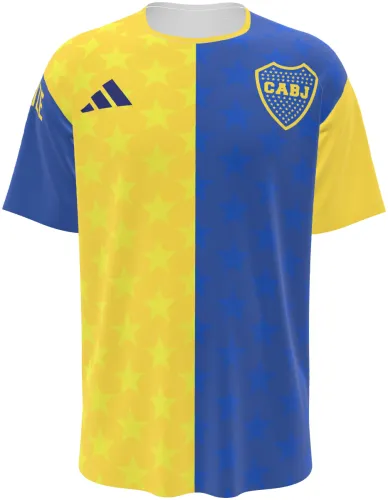Camisa de pré-jogo do Boca Juniors 2026 dividida em amarelo e azul com estrelas, frente e costas