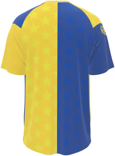 Camisa de pré-jogo do Boca Juniors 2026 dividida em amarelo e azul com estrelas, frente e costas