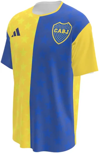 Camisa de pré-jogo do Boca Juniors 2026 dividida em amarelo e azul com estrelas, frente e costas