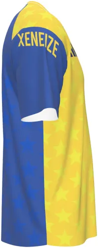 Camisa de pré-jogo do Boca Juniors 2026 dividida em amarelo e azul com estrelas, frente e costas
