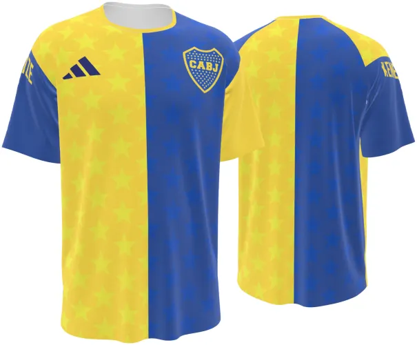 Camisa de pré-jogo do Boca Juniors 2026 dividida em amarelo e azul com estrelas, frente e costas