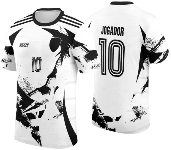 Camisa branca com gola preta apresenta na frente o número 10 abaixo do texto SOCCER e padrões abstratos pretos. Nas costas, o nome JOGADOR está acima do número 10 em destaque, com detalhes pretos nas laterais e mangas.