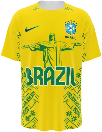 Camisa conceito do Brasil 2026 amarela com o Cristo Redentor verde, frente e costas