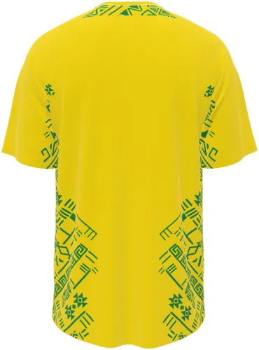 Camisa conceito do Brasil 2026 amarela com o Cristo Redentor verde, frente e costas