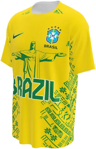 Camisa conceito do Brasil 2026 amarela com o Cristo Redentor verde, frente e costas