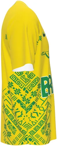 Camisa conceito do Brasil 2026 amarela com o Cristo Redentor verde, frente e costas
