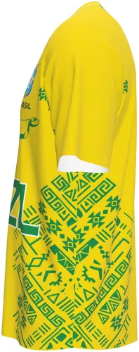 Camisa conceito do Brasil 2026 amarela com o Cristo Redentor verde, frente e costas