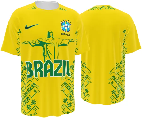 Camisa conceito do Brasil 2026 amarela com o Cristo Redentor verde, frente e costas
