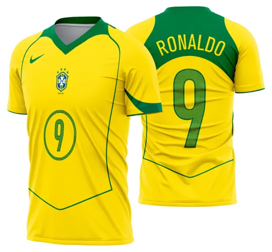 Camisa Brasil retrô com logo no peito e estampa grande nas costas, destacando visual clássico do futebol com cores vibrantes e design icônico.