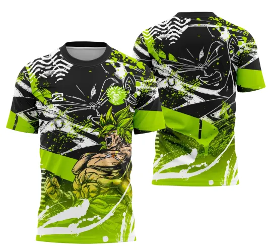 Camisa com arte de Broly gritando em verde neon na frente, com fundo preto e detalhes brancos, costas com rosto expressivo de Broly em preto e branco e manchas verdes brilhantes, mangas com faixa verde, estilo vibrante e enérgico.