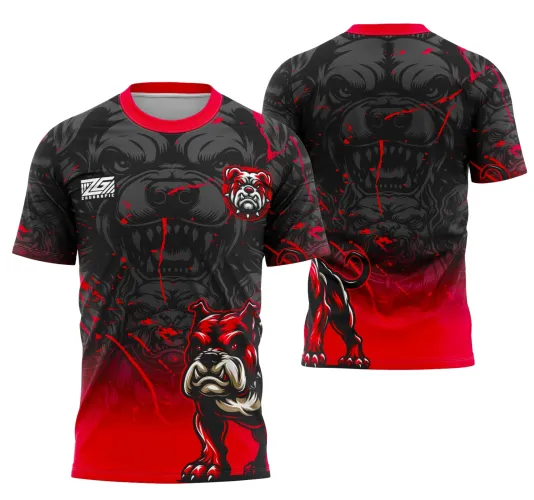 Camisa preta e vermelha apresenta mascote bulldog agressivo na frente e um grande rosto sombrio na parte traseira. A gola é vermelha e a base tem degradê vermelho intenso. No peito direito a arte mostra o logo 'ZS ZNUGRAFIC'.