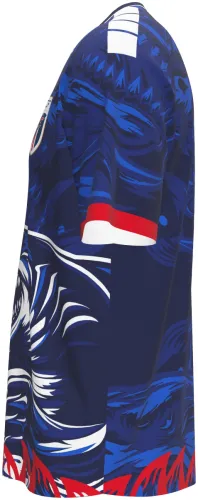 Camisa conceito de Cabo Verde 2026 azul com um tubarão desenhado no peito, frente e costas