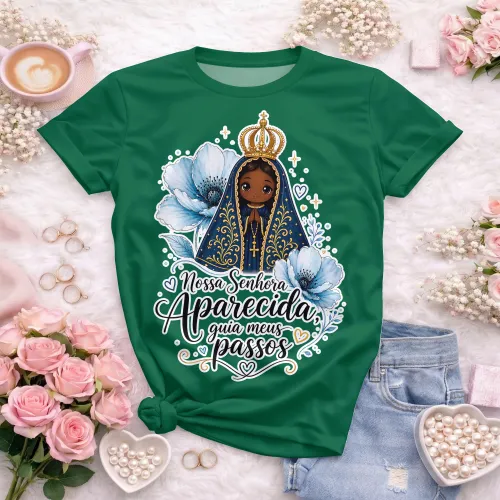 Estampa para camisa católica com Nossa Senhora Aparecida, manto azul e coroa dourada