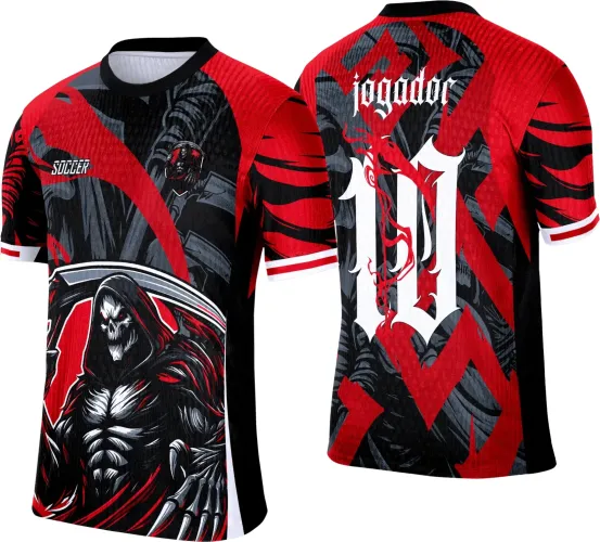 Camisa com arte de caveira encapuzada e foice na frente sobre fundo vermelho e preto, costas com número 11 em branco e texto JOGADOR em branco, detalhes em cinza e listras vermelhas marcantes.