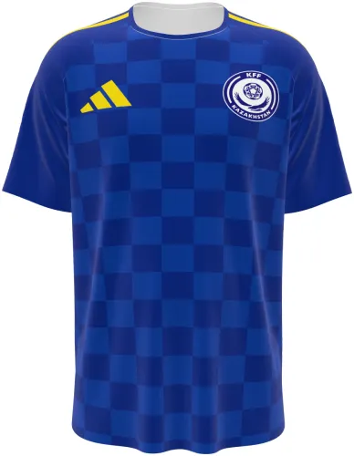 Camisa visitante do Cazaquistão 2026 azul com xadrez no peito, frente e costas