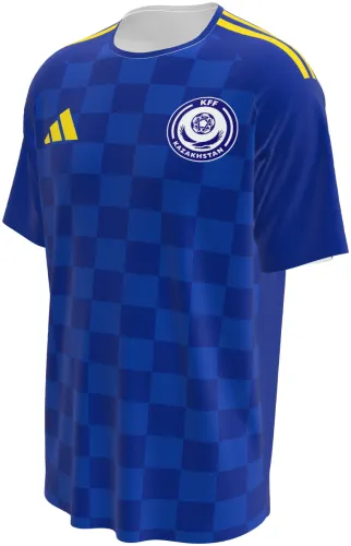 Camisa visitante do Cazaquistão 2026 azul com xadrez no peito, frente e costas