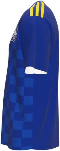 Camisa visitante do Cazaquistão 2026 azul com xadrez no peito, frente e costas