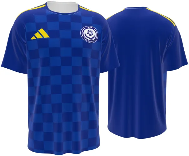 Camisa visitante do Cazaquistão 2026 azul com xadrez no peito, frente e costas