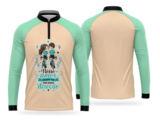Camisa de ciclismo com estampa amor e bike, casal pedalando e frase romântica
