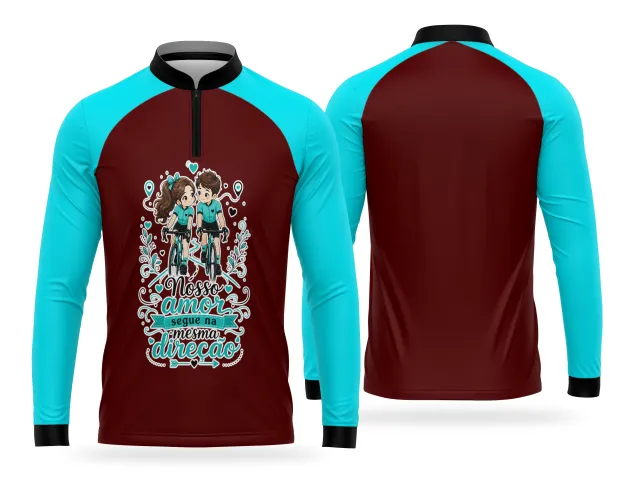 Camisa de ciclismo personalizada com casal de bike e mensagem sobre amor e direção