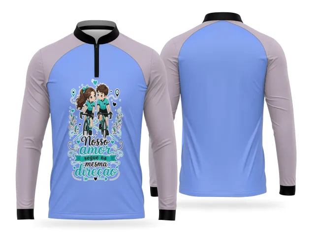 Camisa de ciclismo com estampa de casal pedalando juntos e frase de amor
