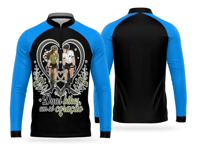Camisa ciclista com estampa de casal apaixonado unido pelo pedal e pela bicicleta