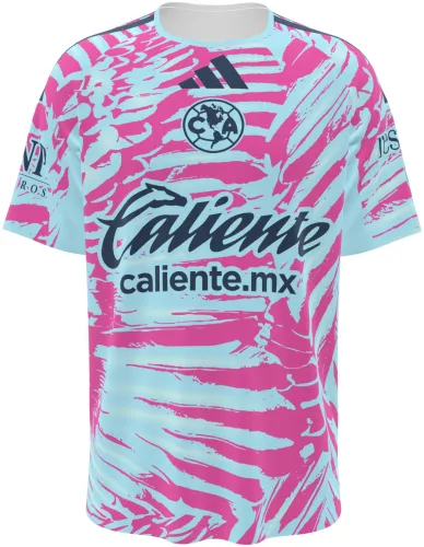 Camisa de goleiro do Club América 2026 - 2027 rosa e azul com pinceladas em leque, frente e costas