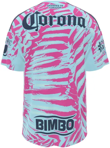 Camisa de goleiro do Club América 2026 - 2027 rosa e azul com pinceladas em leque, frente e costas
