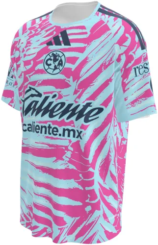 Camisa de goleiro do Club América 2026 - 2027 rosa e azul com pinceladas em leque, frente e costas
